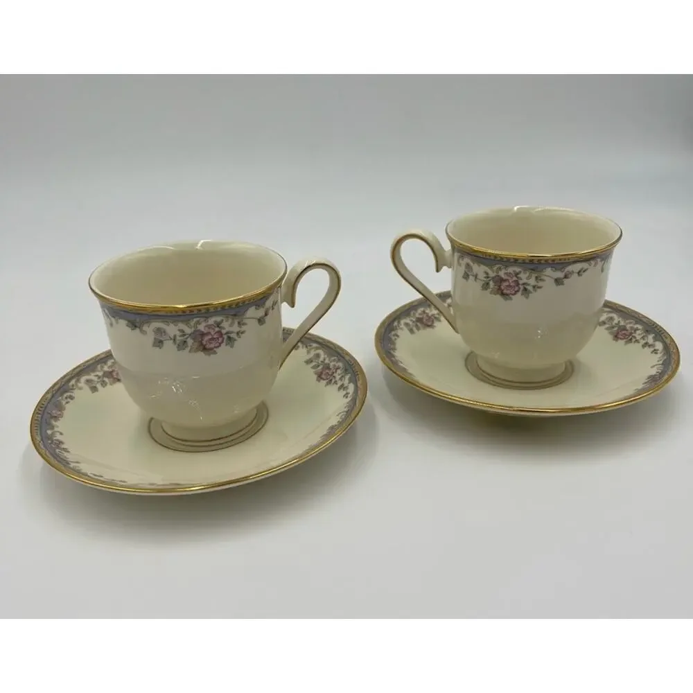 LENOX SOUTHERN VISTA FOOTED CUP AND SAUCER SET OF TWO